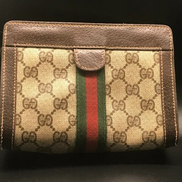 Gucci Web Vintage Brown Monogram PVC Canvas Leather Clutch / Cosmetic - Picture 15 of 16
